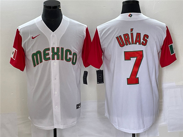 Men's Mexico Baseball #7 Julio Urías 2023 White Red World Baseball With Patch Classic Stitched Jersey
